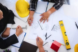 people planning with pen, ruler helmet and sketch on table -general conditions construction