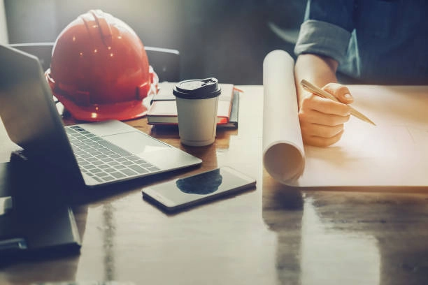 person on table with pen on hand and rolled paper with laptop, helmet and coffee on table -contractor home improvement