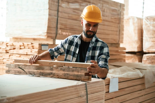 Worker in hard hat measuring wooden planks in lumber warehouse. -decking contractor