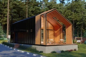 Modern ADU with wooden interior, large glass windows, forest surroundings. -adu construction