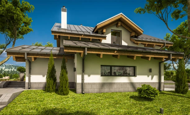 Charming modern house with pitched roof, lush lawn, and trees. -adu construction