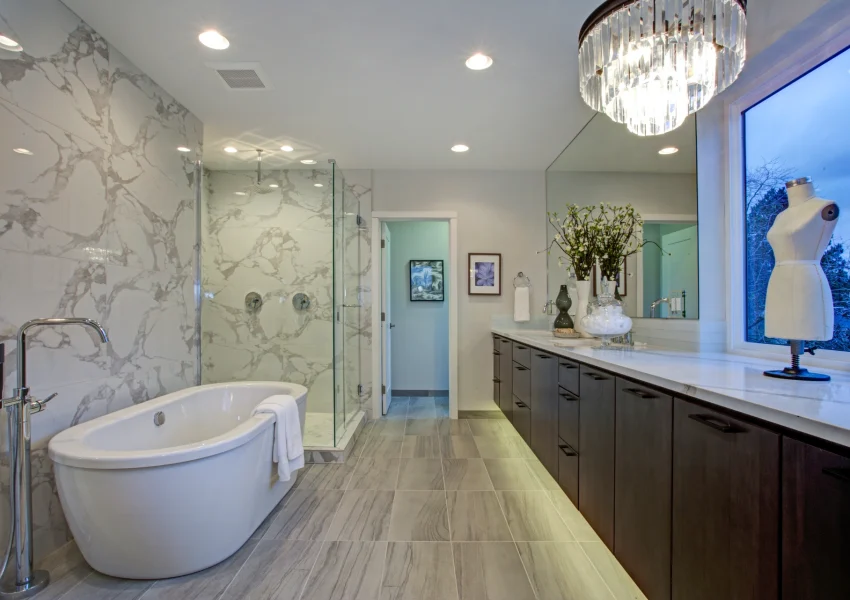 White and gray calcutta marble bathroom design
