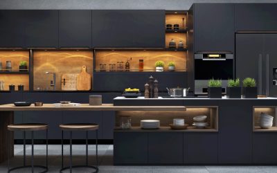 Black modern kitchen with wood elements and under cabinet light